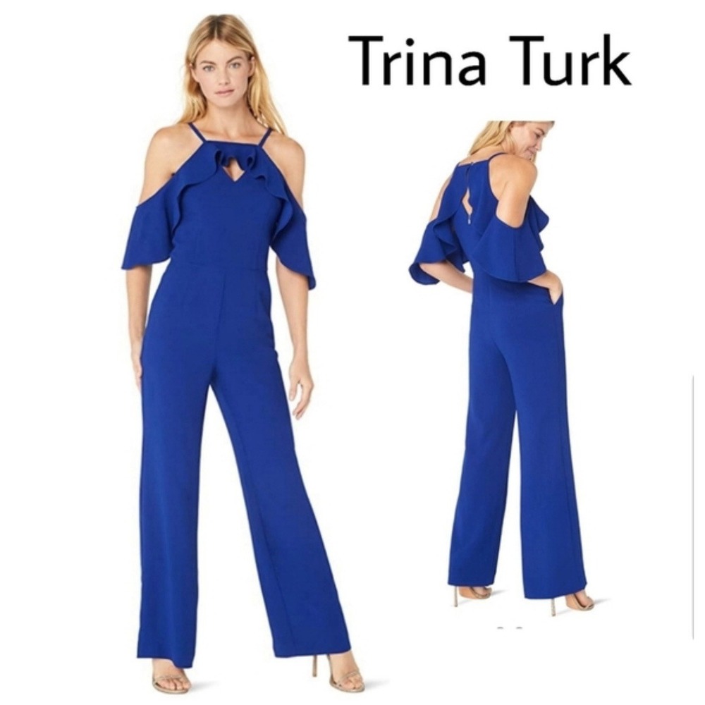 Trina Turk Plaza Cold Shoulder Size‎ 2 Wide Leg Blue Jumpsuit Romper